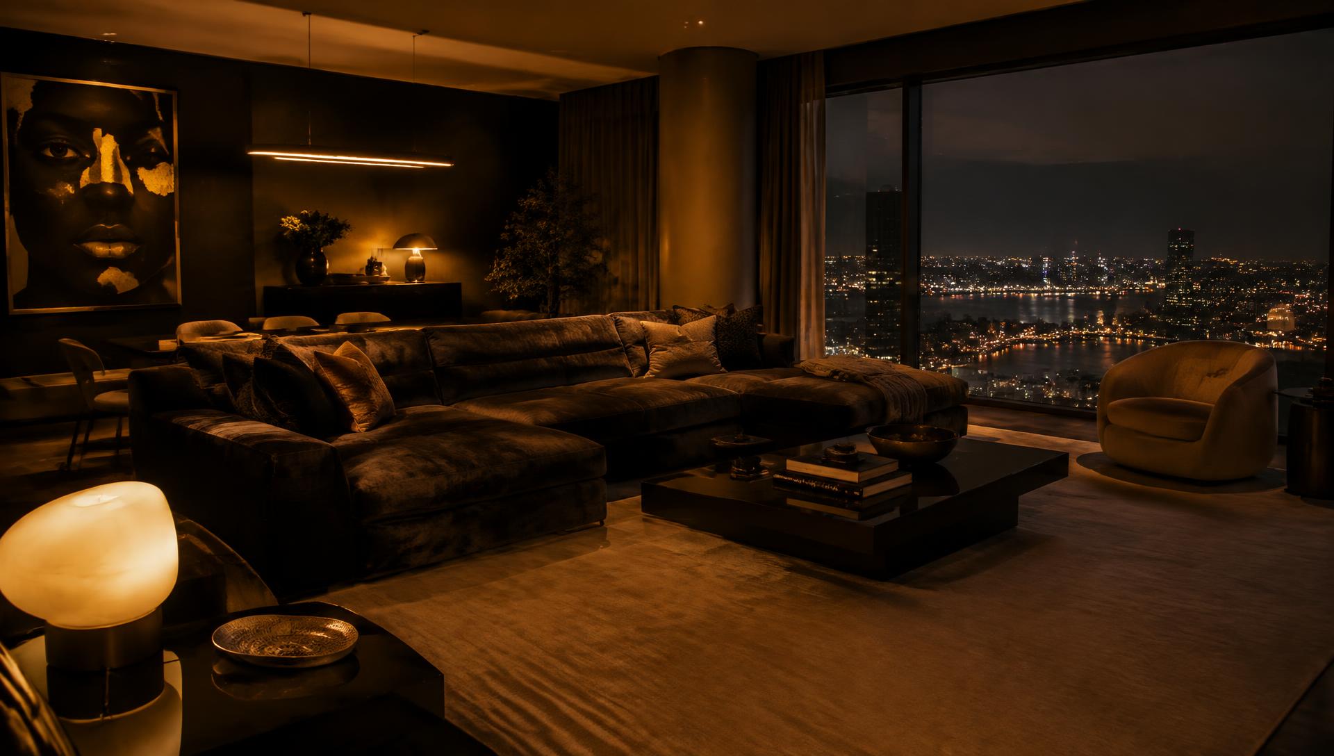 Warm, dimly lit apartment lounge at night